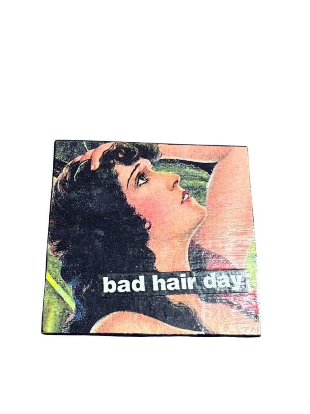 Artist Signed Square Wooden Brooch Bad Hair Day 2 inches